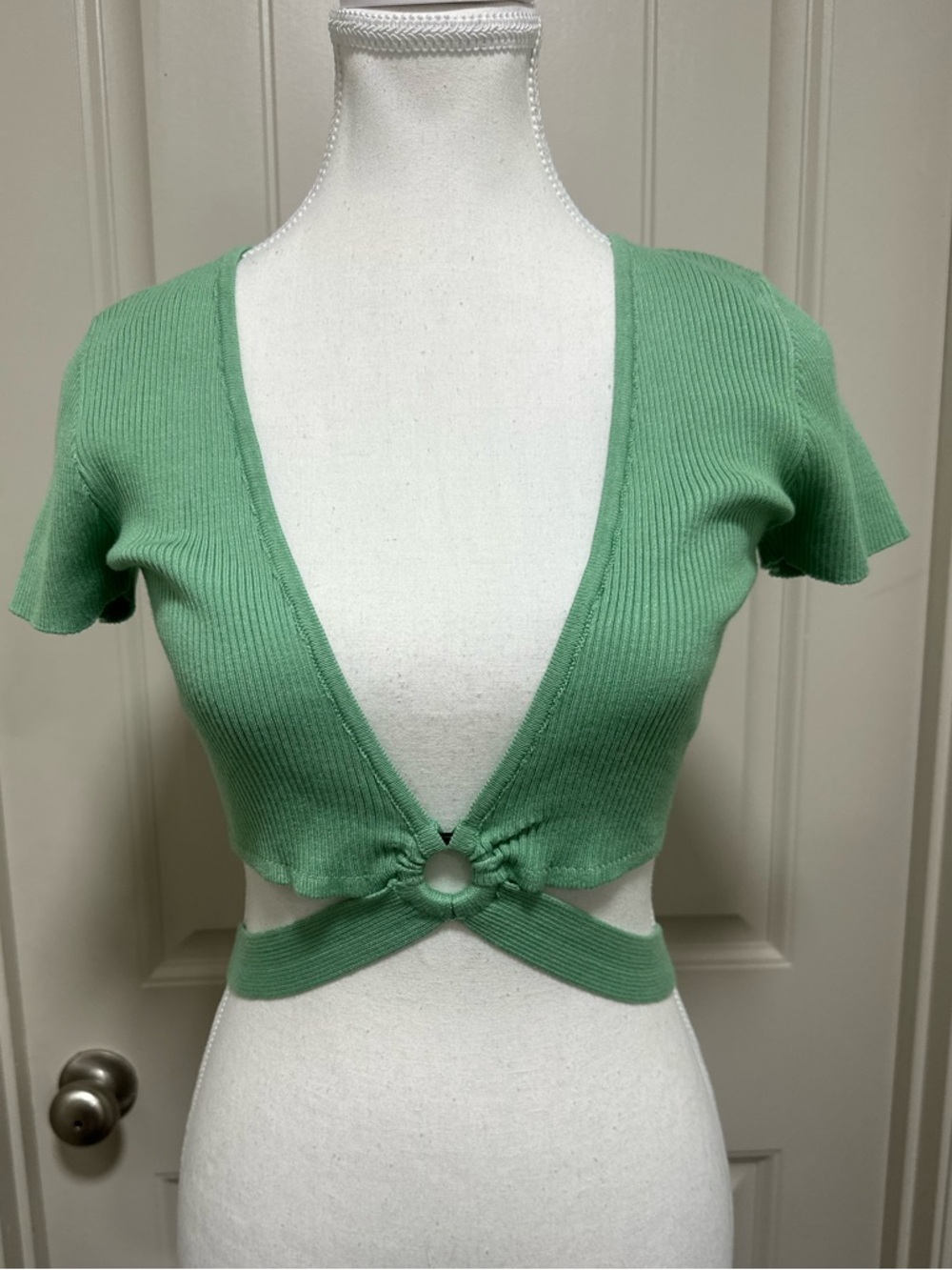Love Tree Mint Green Ribbed Ring-Front Crop Top